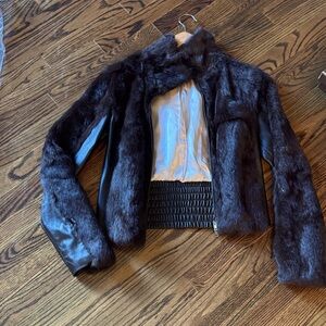 bebe Dark Brown Faux Fur & Leather Cropped  bomber Jacket